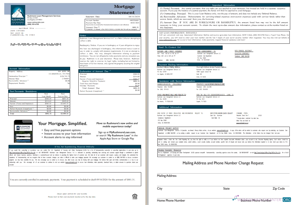 USA California Rushmore Loan Management Services LLC mortgage statement, 3 pages, 1 2scr